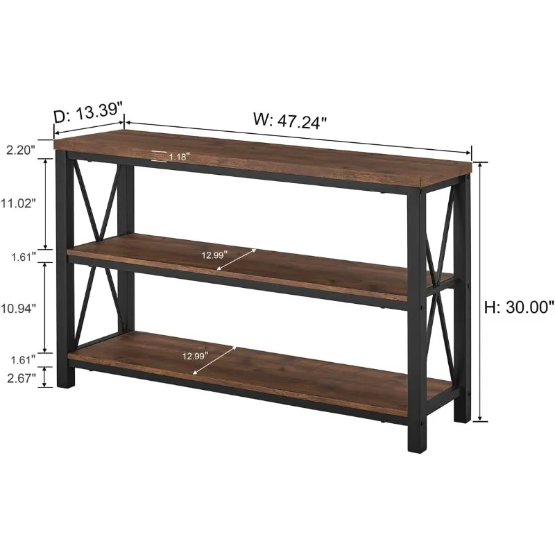 Rustic Console Table Behind Couch, Industrial Entryway Table with Shelves, 3 Tier Sofa Table for Living Room (47 Inch, Rustic