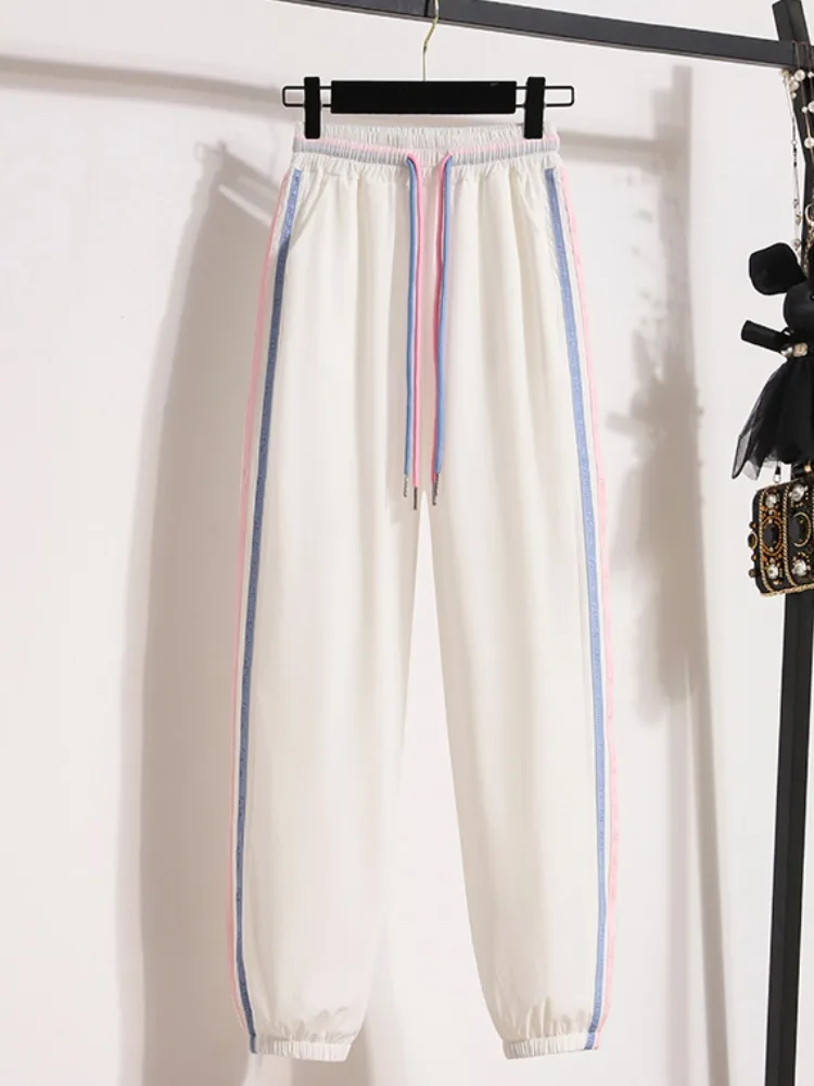 

Korean style fashion elegant college style speed dry color blocking loose casual female summer new Nine point sports pants