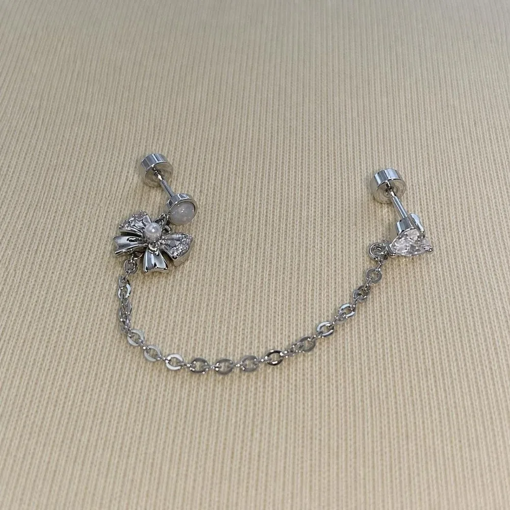 Stainless Steel Ear Bone Nail Earrings Zircon Crystal Silver Color Chain Earrings Chain Design Double Ear Hole Crystal Earrings