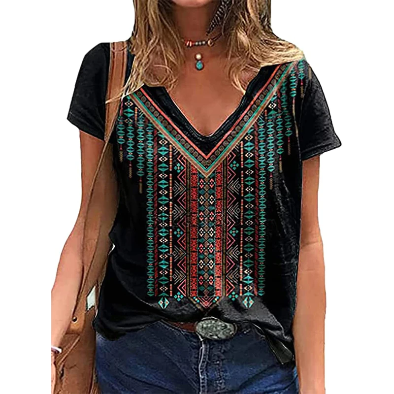Letnia koszulka z nadrukiem 3D Western Aztec Kobiety V-Neck Casual Tees Y2k Tops Kobiety Harajuku Streetwear Oversized T-shirty