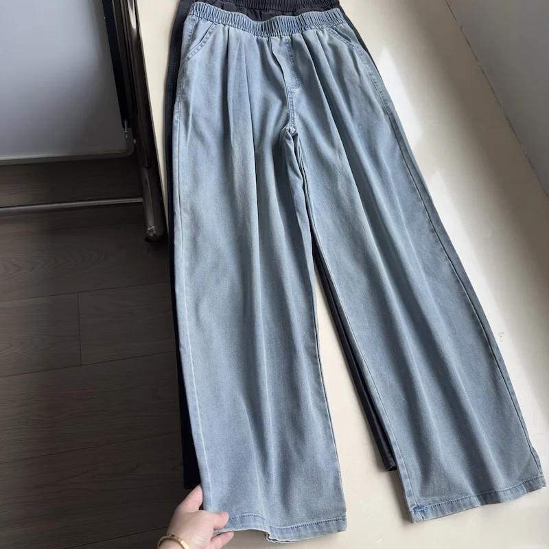 

Lightweight Lyocell Ice Silk Jeans Summer Women's Elastic High Waist Loose Denim Wide Leg Pants Fashion Sunscreen Trousers