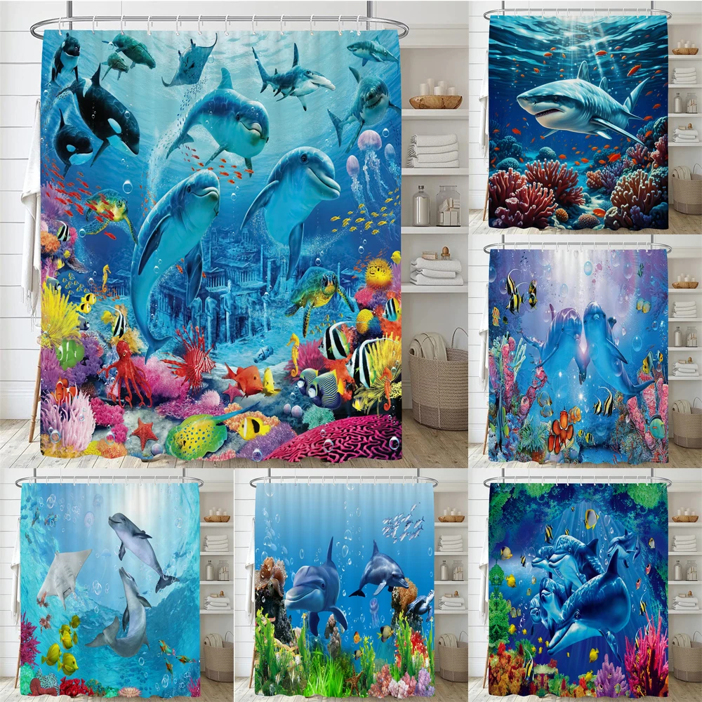 1PC Dolphin Shower Curtain Blue Ocean Biological Polyester Fabric Children's Ocean Theme Bathroom Decoration Shower Curtains