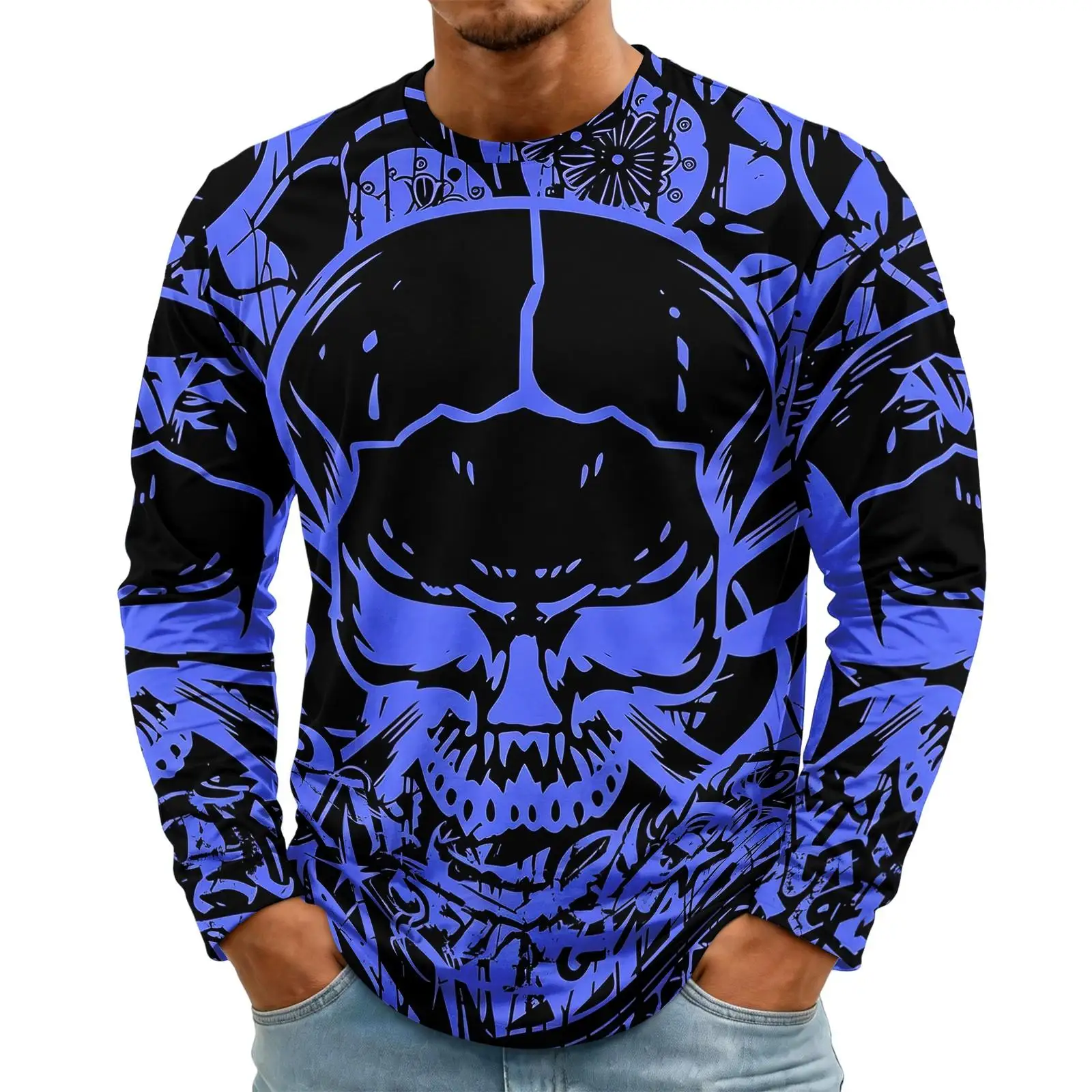 Men Dark Castle Red Blood Rose Blood Moon Gothic 3D Print Long Sleeve Casual Tee