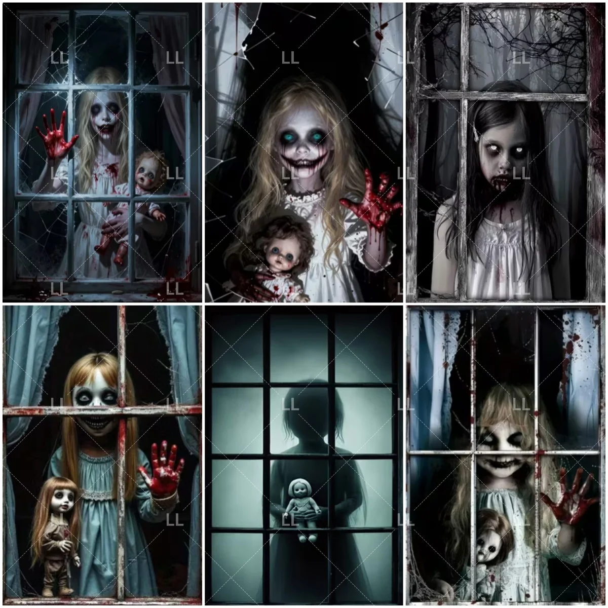 Halloween Ghost Curtain Window Banner Horror Little Girl Terror Doll Backdrop Boy Cover Indoor Outdoor Haunted House Party Decor