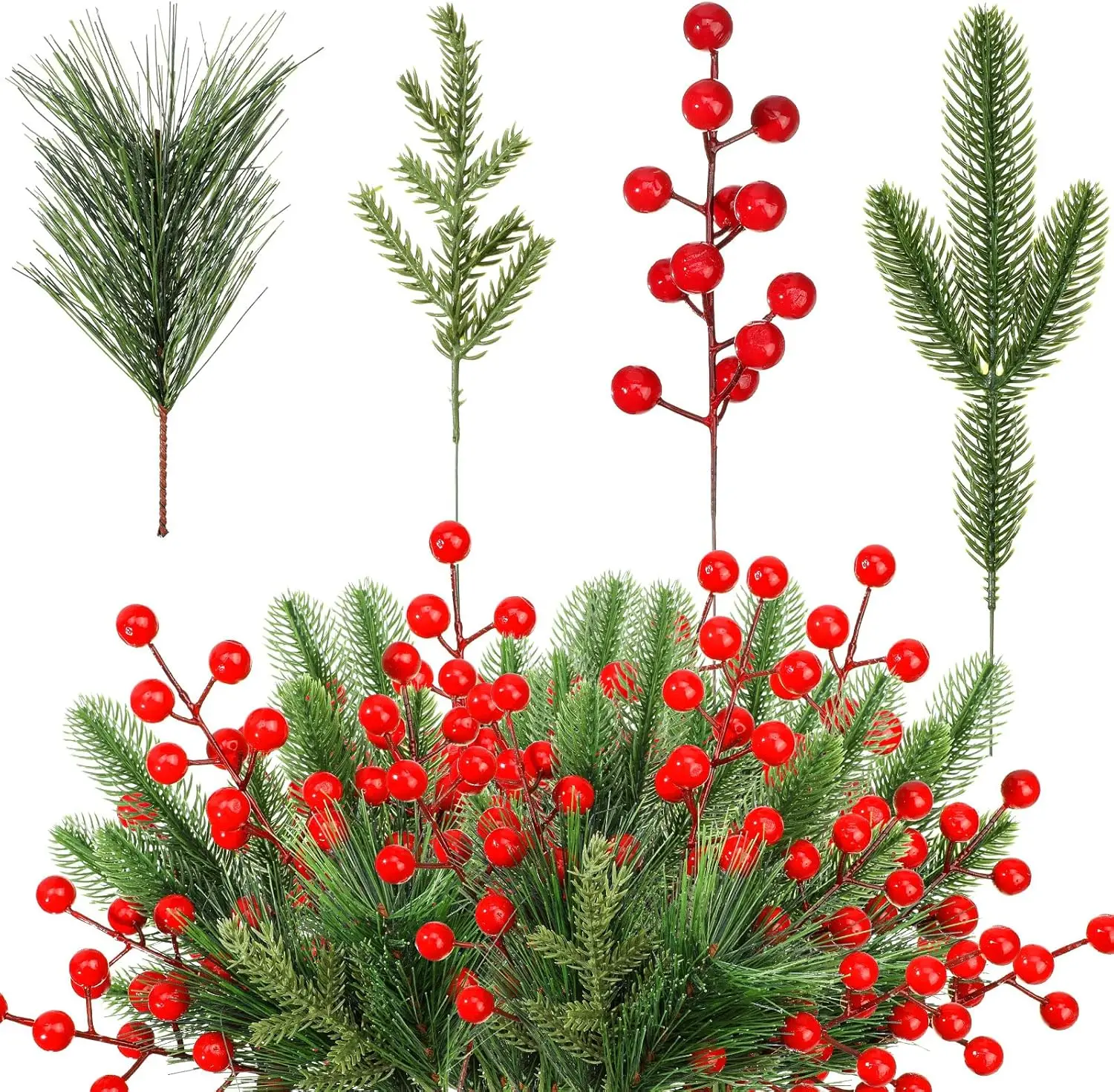 

100 Pcs Christmas Artificial Pine Needles & Red Berry Stems for DIY Garland Wreath