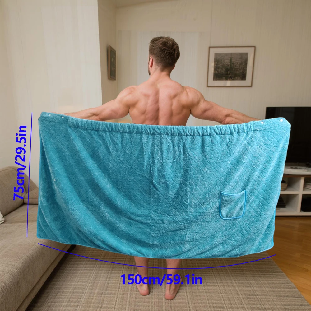 Men's Large Wearable Bath Towel Wrap - 1pc Coral Fleece Bathrobe with Adjustable Elastic Pocket - Quick Dry & Soft Home Bath Rob