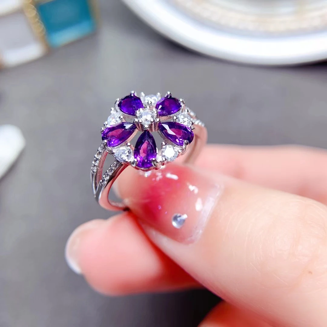 Real 925 Silver Amethyst Ring 3mm*5mm Total 1ct Natural Amethyst Jewelry 18K Gold Plated Silver Crystal Ring for Daily Wear