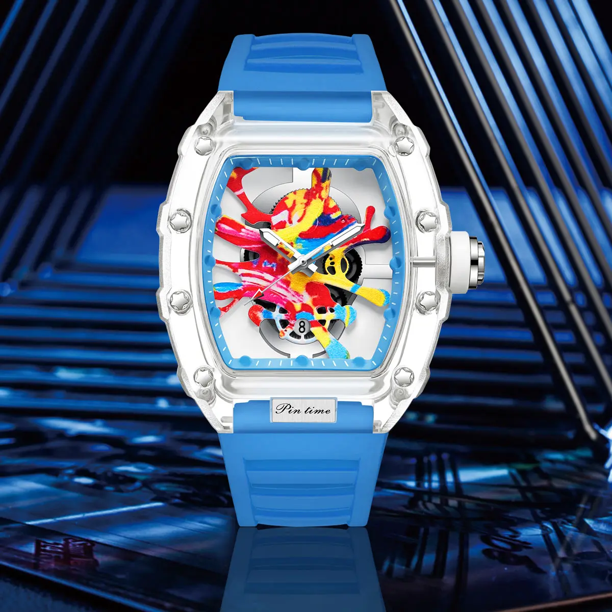 Men Tonneau Fashion Transparent Graffiti Art Dial Punk Hiphop Unique Watch Japanese Movement Luminous Silicone Wristwatches