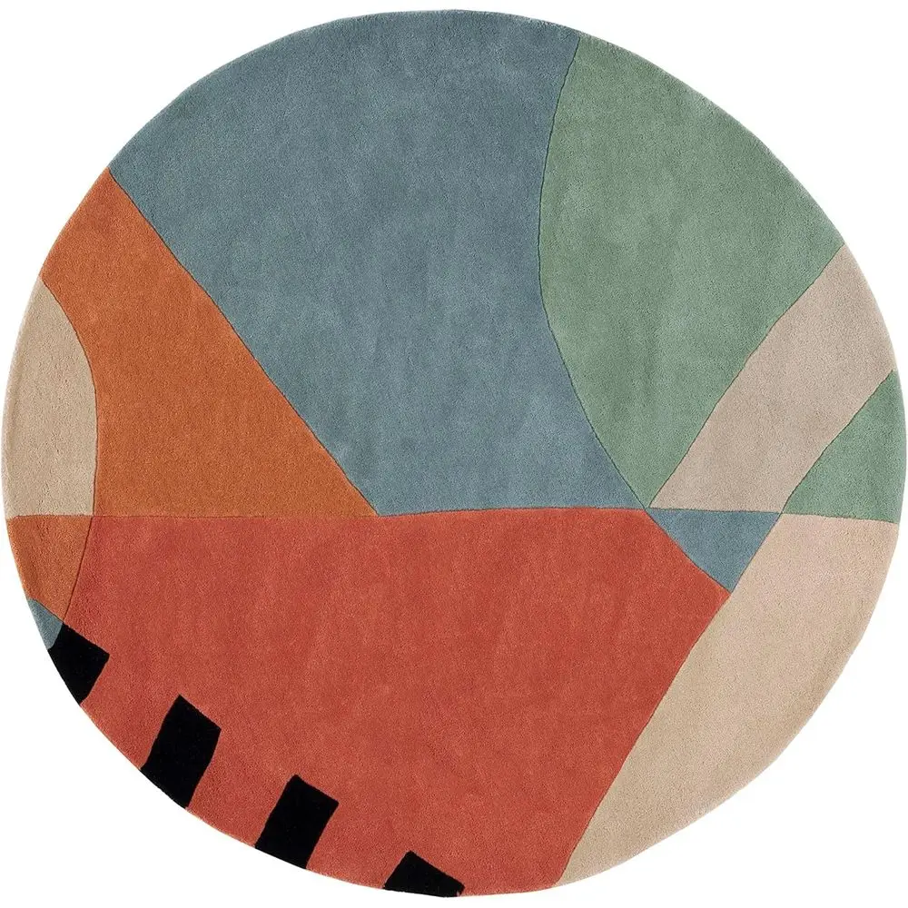 Mid-Century Modern 4' Round Gold Wool Rug, Handcrafted Abstract Design for Entryway, Foyer, Living Room, Bedroom, Kitchen