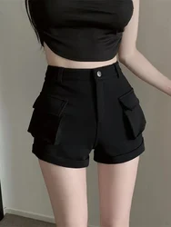 Zoki Korean Casual Cargo Shorts Women Pockets High Waist Streetwear Shorts Summer All Match Lady Simple Solid Slim Cargo Shorts