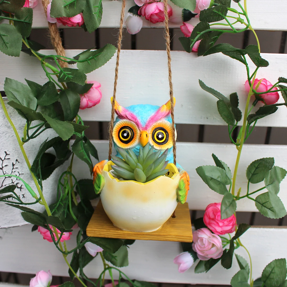 1pc owl hanging basket flowerpot, spring garden fence branch hanging rope flowerpot, home wall windowsill flowerpot