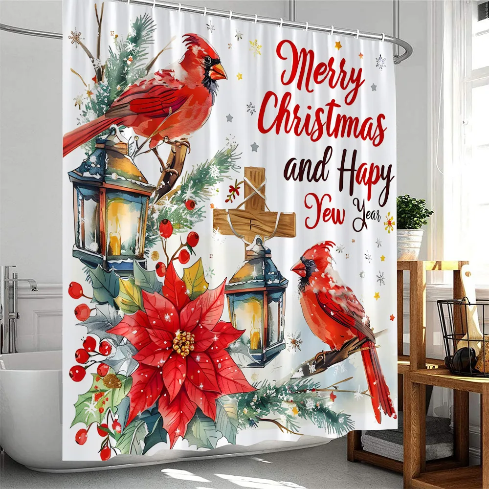

Red Birds Shower Curtains Xmas Winter Holiday Merry Christmas Flower Pinecone Plants Bathroom Decor Polyester Bathtub Curtain