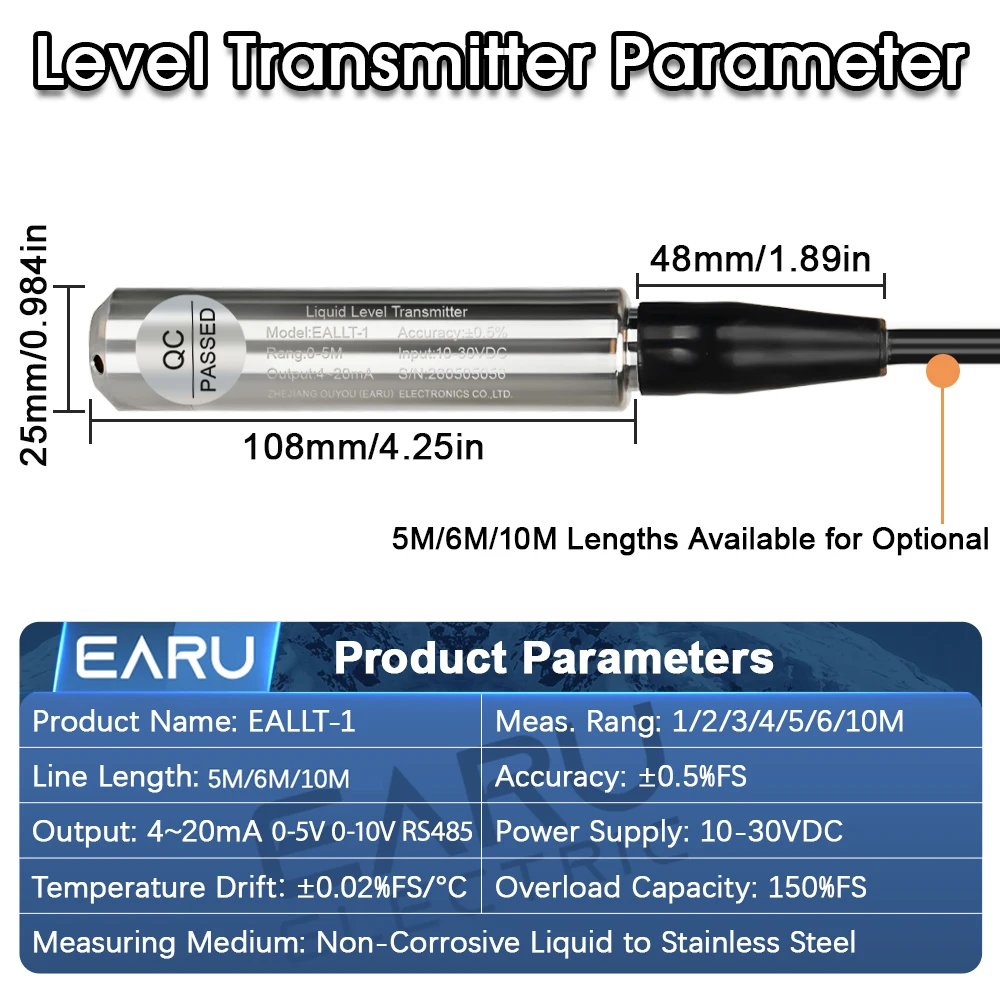 Level Sensor 4-20Ma 0-5V 0-10V RS485 Output Liquid Level Transmitter Water Level Sensor Probe Detector Controller Float Switch