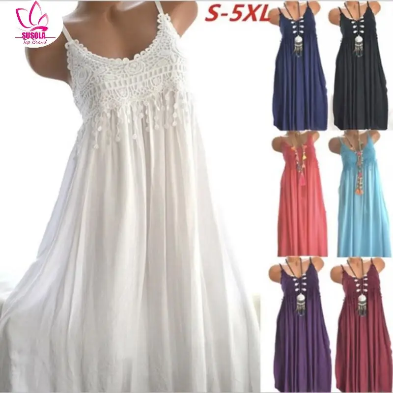 SUSOLA Summer Sundress White Lace Long Beach Dress Spagetti Strap Crochet Embroidery Sexy Boho Dress Lady 5XL Vestidos