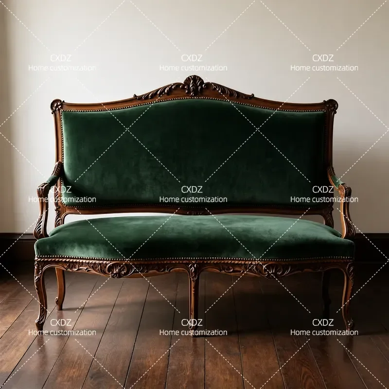 Rural Solid Wood Retro Double Sofa Small Apartment Three Person Living Room Sofa Villa Leisure Sofa