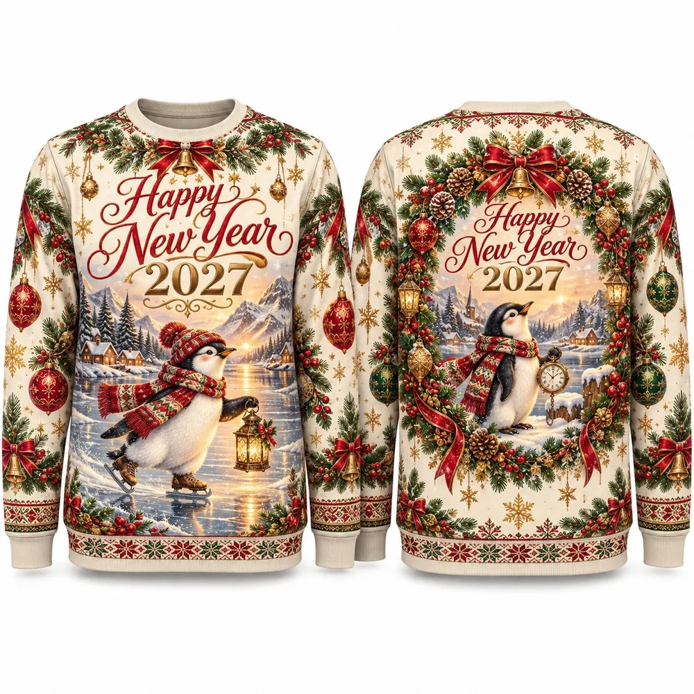 Funny Penguin Parade Welcomes Happy New Year 2027 with Sweaters and an Ugly Christmas Sweater Graphic of Ice Trees and Baubles