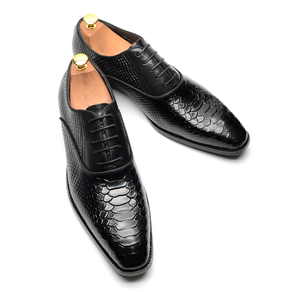 Classic Italian Genuine Leather Oxfords Burnishing Pointed Toe Business Wedding Luxury Snake Pattern Lace-up Men Dress Shoes