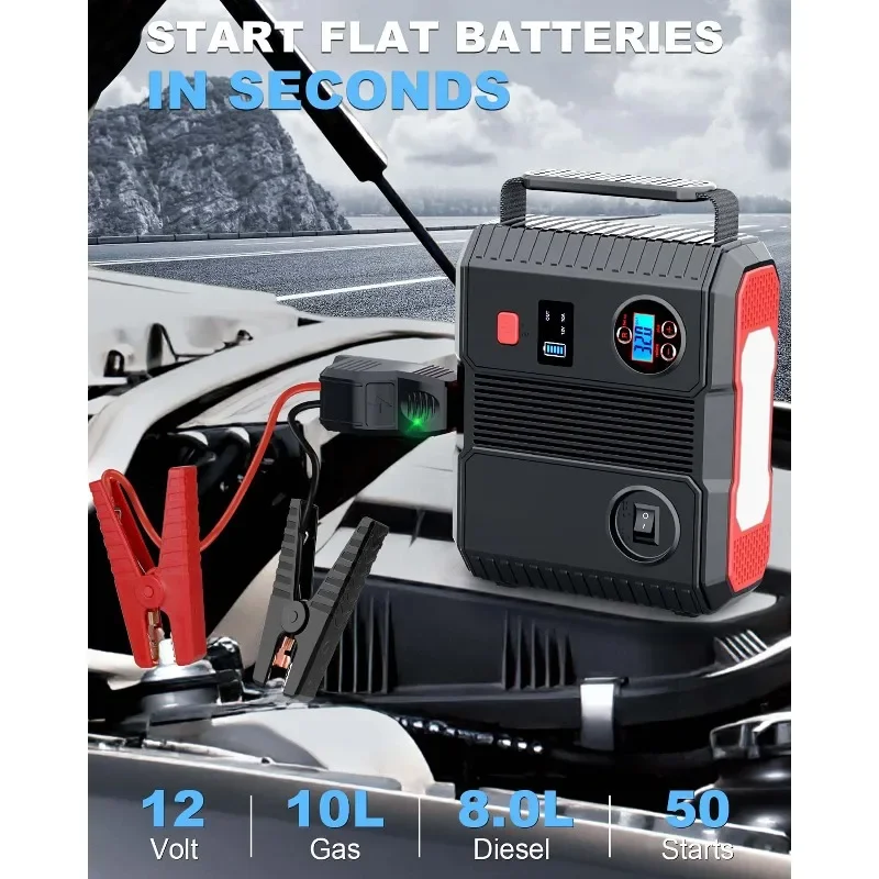 2024 Portable Power Bank 24000mAh Multi-Functional Car Jump Starter Air Compressor 3000A LCD Display LED Emergency Tool Kit