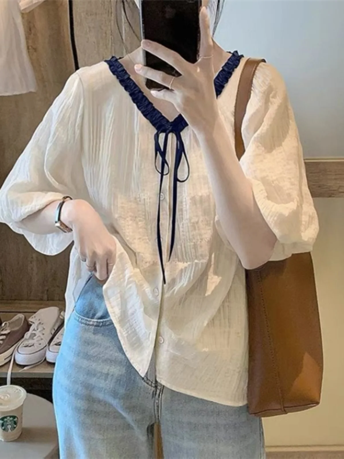 

Женская летняя модная свободная блузка больших размеров с эффектом похудения, коротким рукавом, V-образным вырезом и пуговицами в корейском стиле