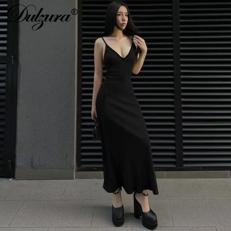 Dulzura RibbedแขนกุดCami Maxiชุดเซ็กซี่ElegantชุดยาวสตรีClubwearฤดูใบไม้ร่วงชุดฤดูหนาว