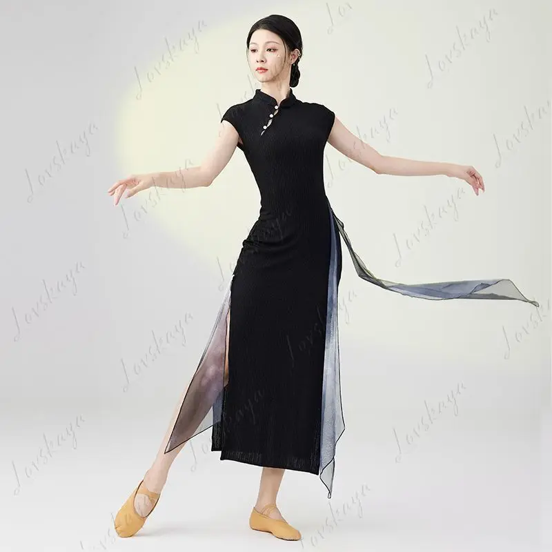 

Новые костюмы для выступлений, эластичная танцевальная юбка Cheongsam в древнем стиле, тонкая танцевальная юбка Cheongsam