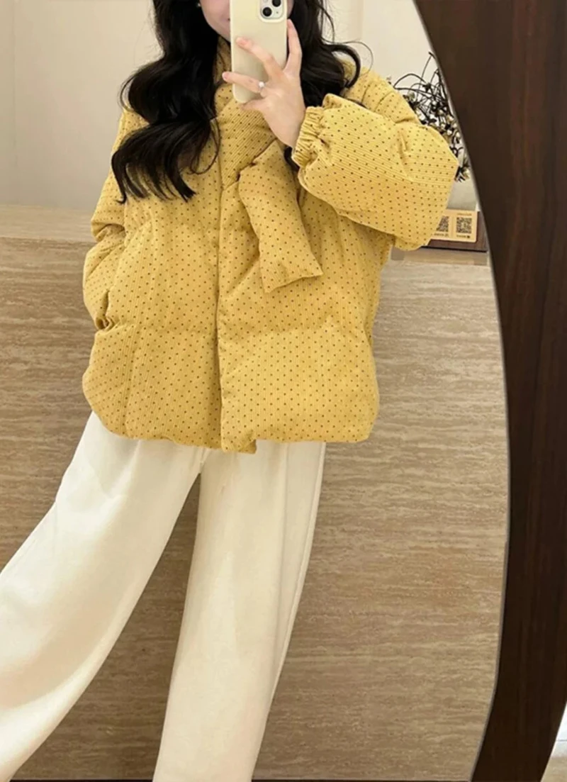 Polka Dot Corduroy Women Padded Jacket Korean Button Down Puffer Coat Long Sleeve Loose Retro Cozy Winter Outerwear Top