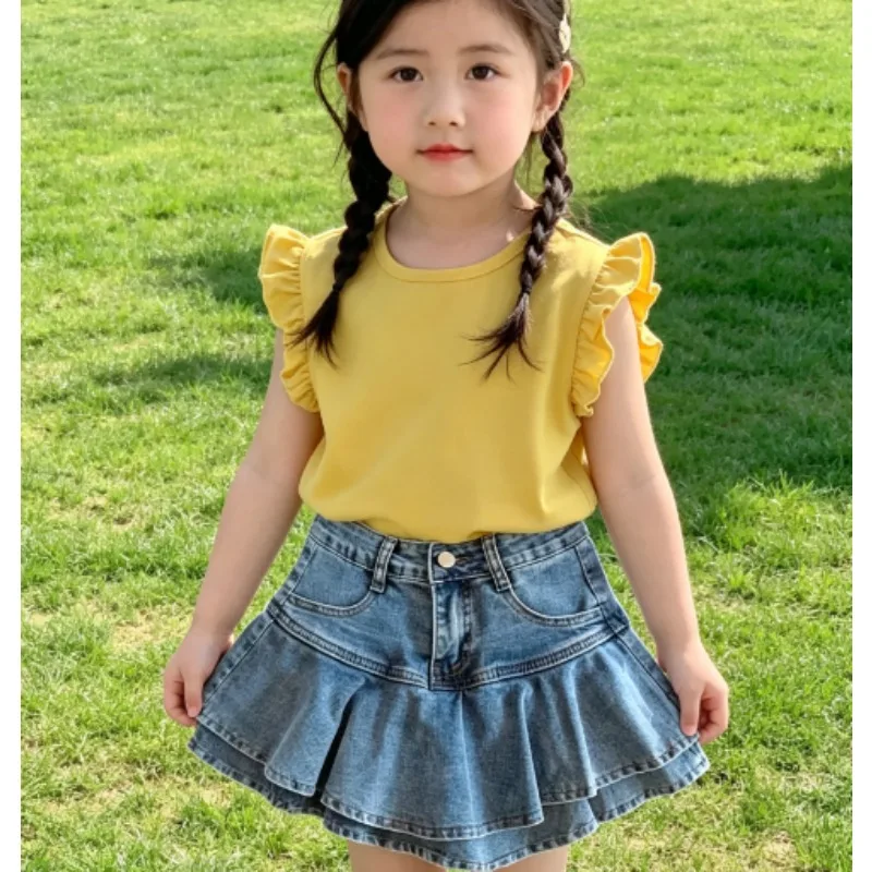 Girls' Lotus Leaf Short sleeved Skirt Set 2026 Summer Thin Girls' Flying Sleeve Tank Top Little Princess T-shirt denim Skirt