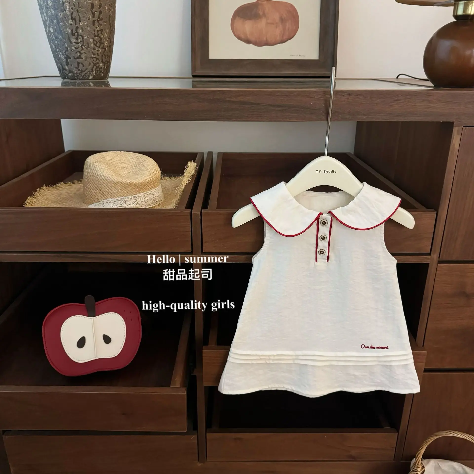 Girls Sleeveless Dress, White with Red Trim Peter Pan Collar Casual Fashion Sundress Button Front A-Line Summer Outfit for Kids