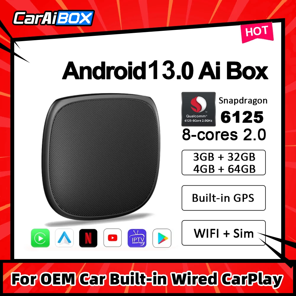 CarAiBOX 무선 카플레이 Ai 박스, 퀄컴 6125 8 코어 CPU, 안드로이드 11.0, 도요타 볼보 VW 기아 벤츠 MG용 