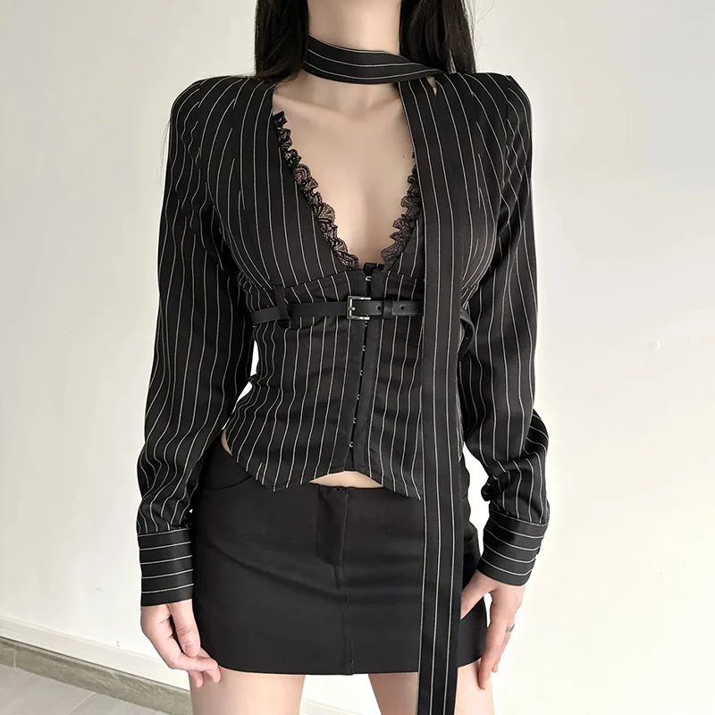 

Sexy Slim Fit Shirts Women Black Lace Patchwork Striped Belt Hottie V Neck Blouse Streetwear Long Sleeve Ribbon Vintage Tops New
