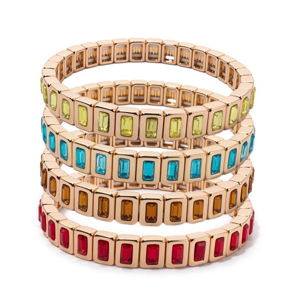 6x8mm Crystal Bangle For Women Gold Color Inlaid Zirconia Beaded Elastic Bracelets