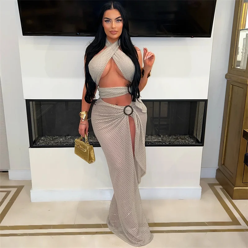 여성용 백리스 크로스 홀터 컷 아웃 하이 스플릿 불규칙 나이트 클럽 원피스, 시스루 메쉬, 섹시 롱 파티 드레스, 여름 2024