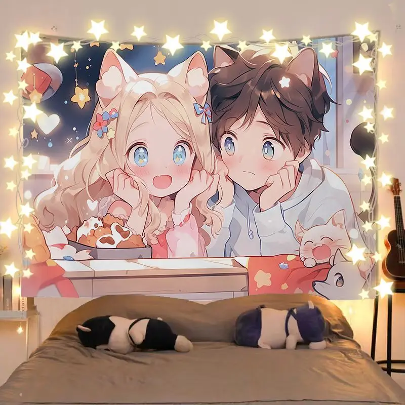 VIKAMA Cat Ear Lovers Dessert Tapestry, Star Adorable Anime Wall Hanging for Bedroom Living Room Dorm Decor