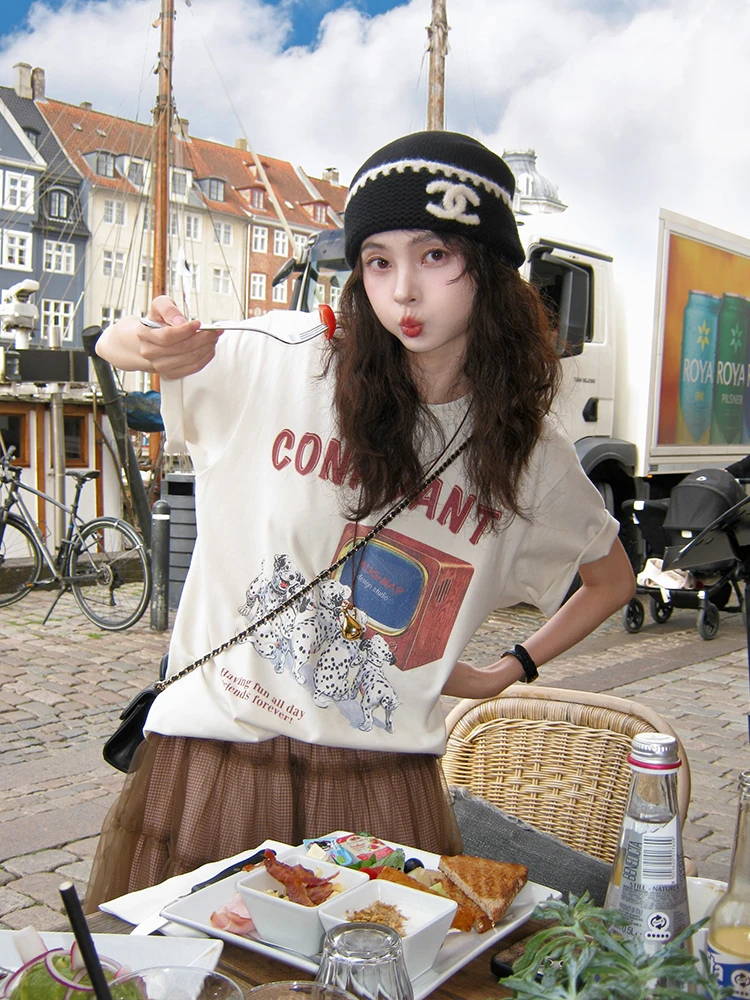 

Ретро-футболка с принтом собаки, свободного кроя, с коротким рукавом, хлопковая, повседневная, для женщин, летняя, в винтажном стиле, модель «бойфренд»