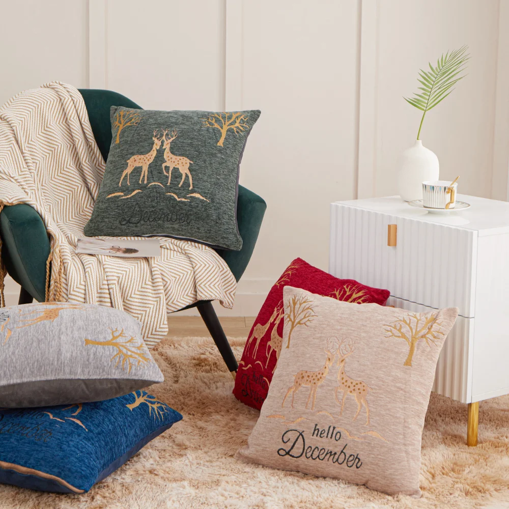 Nordic Style Chenille Deer Pillowcase Fawns Jacquard Hello December Cushion Cover Sofa Bed Throw Pillow Cases Home Decoration