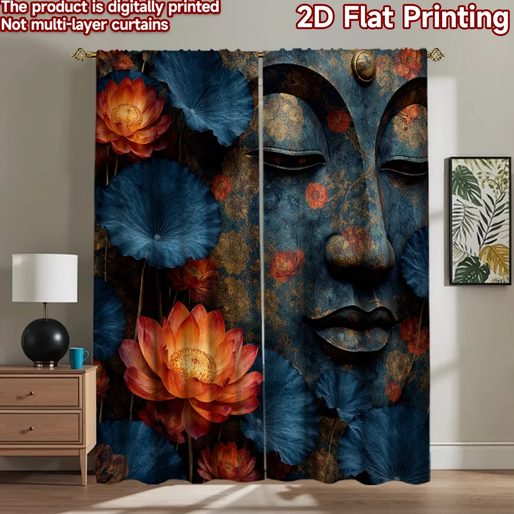 2D flat printing 2pcs Curtain Scene Curtains Buddha with Lotus Flowers Digital Printed Polyester Drapes Festive Holiday Perfect