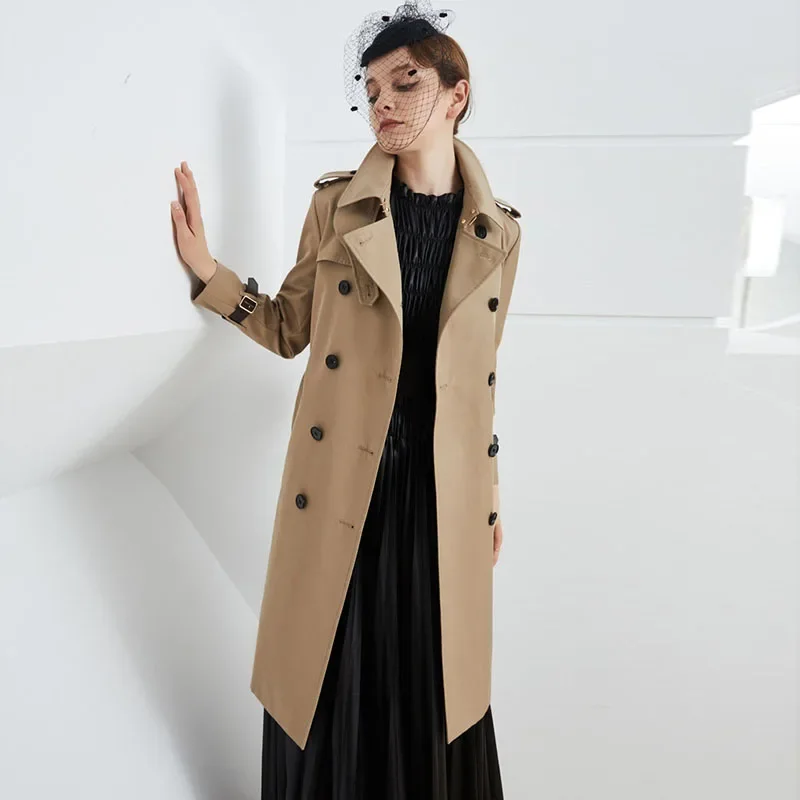 High-end Classic Khaki Long Trench Coat for Women 2024 New Slim Double Breasted Belted Windbreaker Manteau Printemps Femme