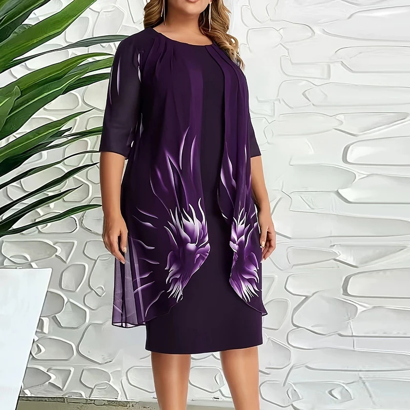 فستان أنيق بمزاج كبير للنساء بياقة دائرية وأكمام قصيرة فستان حفلات مطبوع عليه زهور فستان ميدي أنيق للنساء بوهو #3