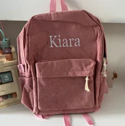 Mochila de pana bordada con nombre para mujer, bolso personalizado de otoño e invierno, mochila informal Simple de gran capacidad, regalo para niñas