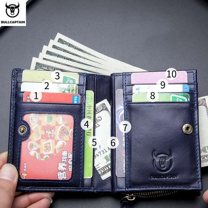 BULLCAPTAIN RFID Men's Wallet Leather Men's Coin Purse Zipper Wallet Card Coin Wallet Holder Credit Card Bag