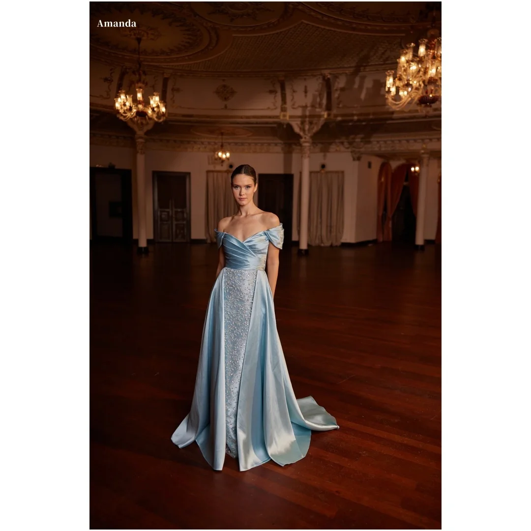

Amanda индивидуальное синее блестящее платье для выпускного вечера с открытыми плечами, атласное платье без бретелек, платье длиной до пола, торжественное вечернее платье 2025