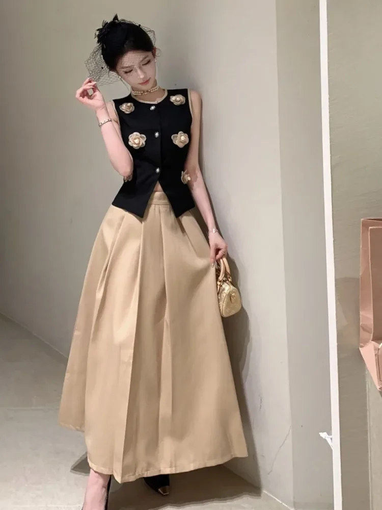 High Quality New Summer Small Fragrant Fashion 2 Piece Set For Women 3D Flowers Vest Top + Pleated Long Skirt Two Piece Suits