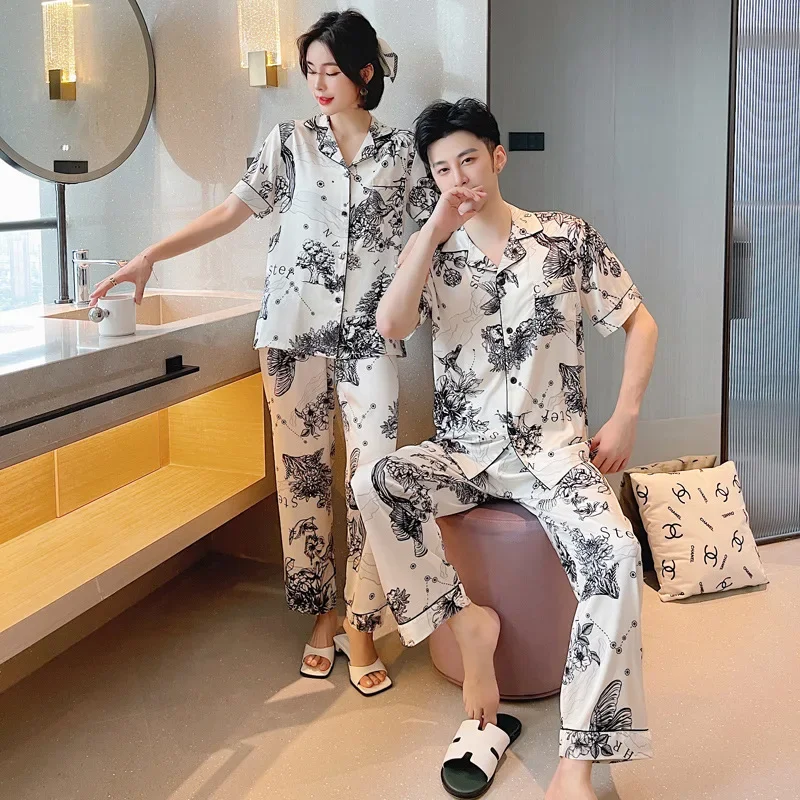 Ice Silk Couples Pajama Summer 2022 new ink and wash printing short-sleeve women's sleepwear thin men's large size nightgown