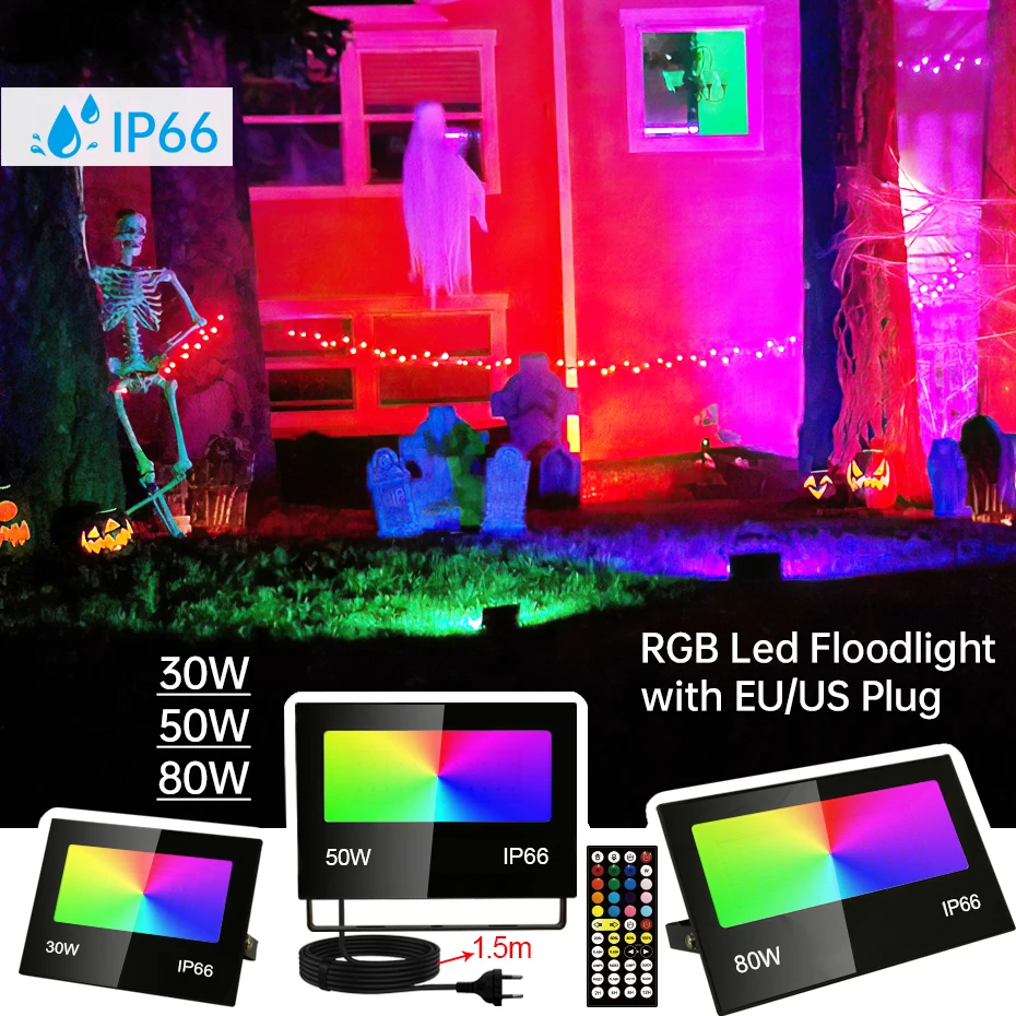 

Светодиодный RGB-прожектор 110В/220В с вилками EU/US/AU/UK, 30Вт/50Вт/80Вт, с пультом ДУ, водонепроницаемый, для наружного освещения сада, улицы, стен