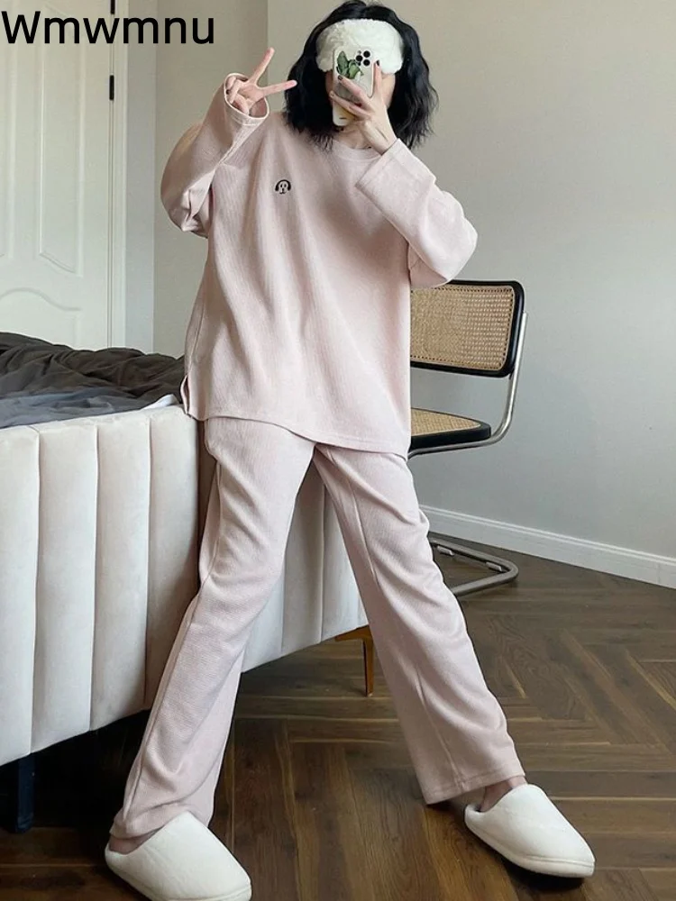 

Мешковатая одежда для сна с круглым вырезом Conjuntos, женский повседневный корейский модный комплект из 2 предметов, эластичные свободные прямые широкие брюки, ансамбли