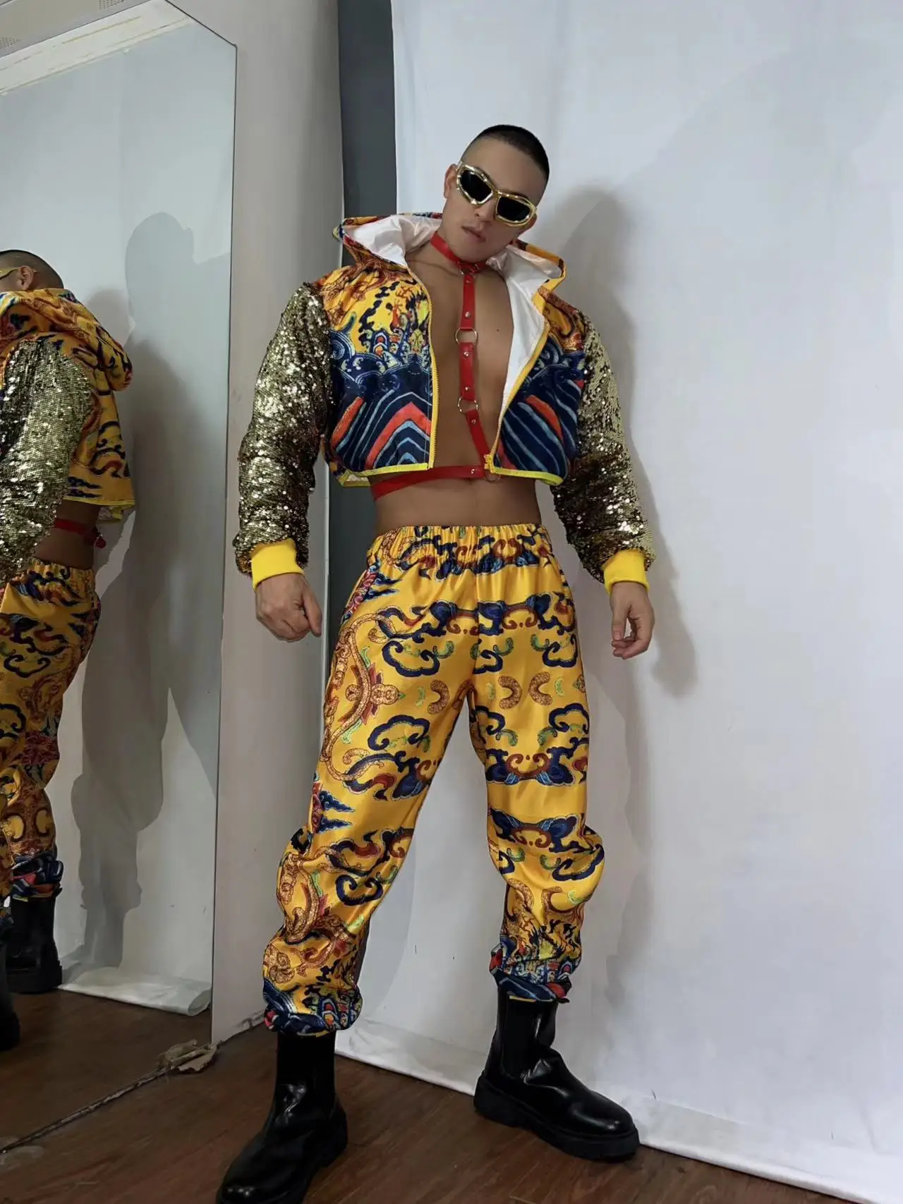 Vintage Hip Hop Jazz Dance Outfit Men Dancer Team Singer Imperial Robe Stage Performance Costume Party Show Festival Clothing