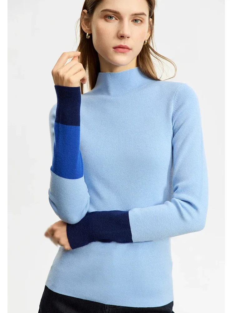 AMII Minimalist 2025 Winter New Sweaters for Women Office Lady Basics Half High Collar Color Contrast Slim Pullovers 12324067