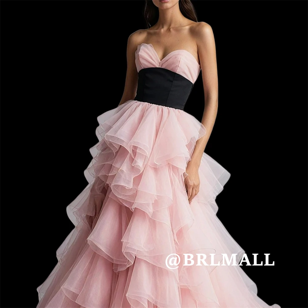 

BRLMALL Tiered Tulle Long Formal Occasion Dress with Black Waist Sleeveless Sweetheart Neck Chic Evening Dress Party Prom Gown