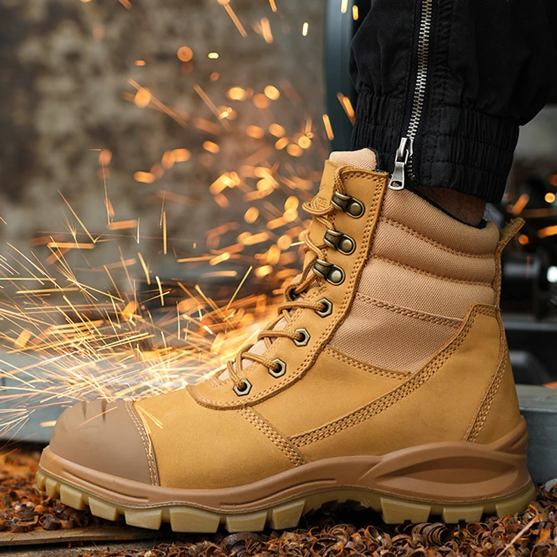 2024 Cowhide Dermis Men Work Boots High-quality Safety Shoes Men Puncture-Proof Desert Tactical Boots Protective Shoes Outdoors