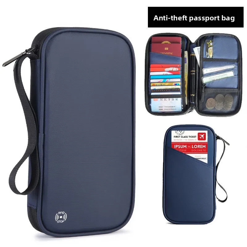 RFID Blocking Travel Document Wallet Multi Pocket Passport Holder Organizer with Card Slots Pen Holder and Zipper Pocket, Water